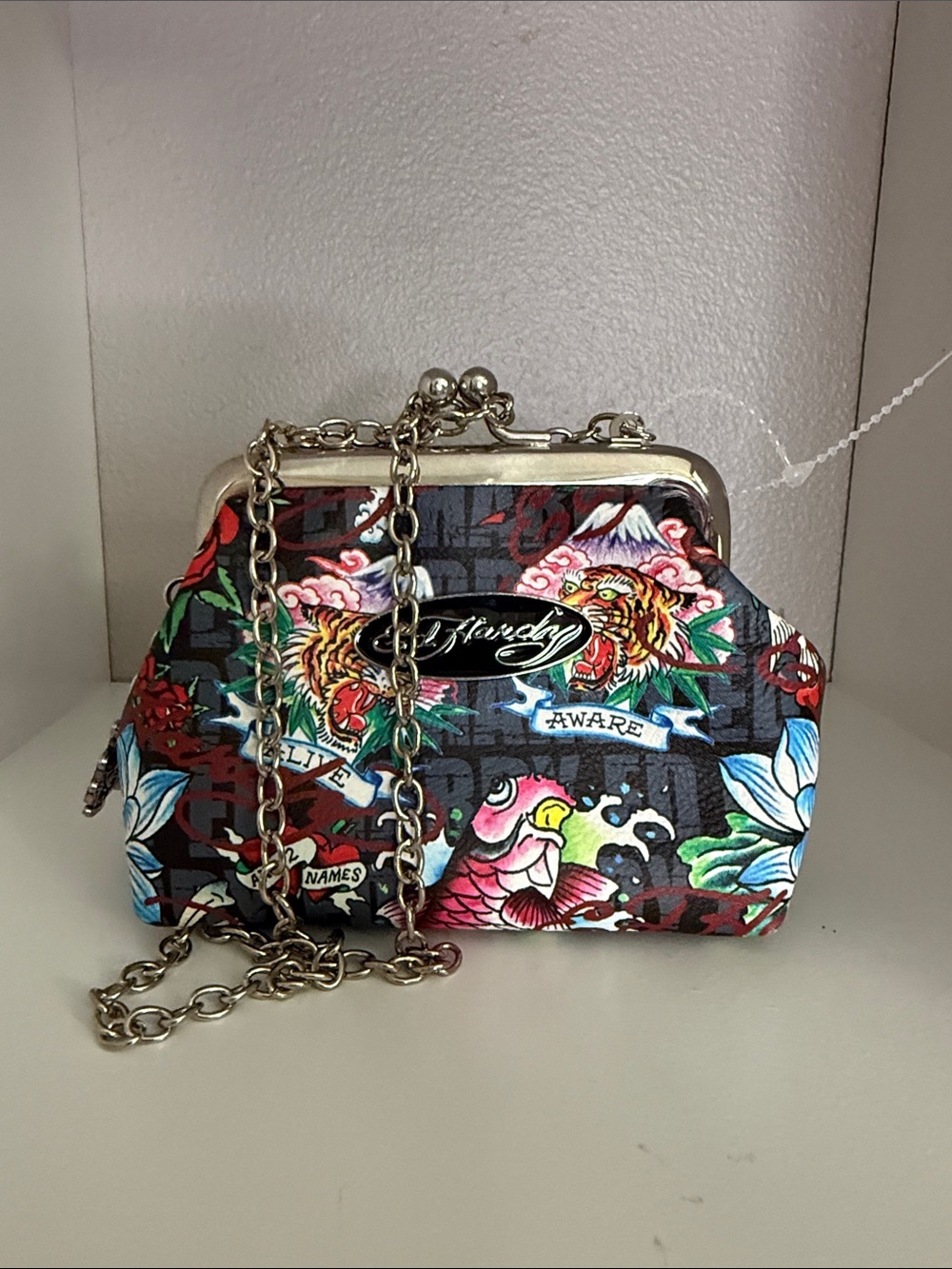 Ed Hardy Black Multicolor Tattoo-Print Kiss-Lock Crossbody